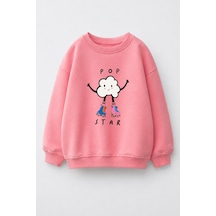 Monila Kız Çocuk 3 İplik Kumaş Pamuklu Popcorn Baskılı Sweatshirt Pembe
