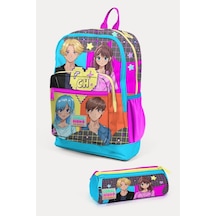 Coral High Kids Gri Mavi Pembe Anime Desenli 2'li Okul Çanta Seti - Kız Çocuk