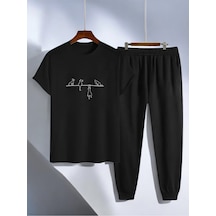Uyguntarz Unisex Yaramazlık Yapan Kediler Tasarım Basklı Tshirt Eşofman Takımı Siyah