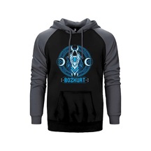 Neon Mavi Hilal Detaylı Bozkurt Baskılı Gri Renk Reglan Kol Sweatshirt / Hoodie