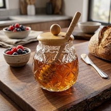 Bambu Kapaklı Cam Bal Kavanozu 350ml Kaşıklı & Şık Sunum Kavanozu Doğal Ahşap Kapaklı Cam Bal Saklama Kabı 7009