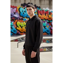 Benerly Erkek Polo Yaka Standart Kol Oversize Kalıp Sweatshirt Fonksiyone siyah