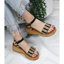 Asmi Shoes Hasır Detaylı Mantar Taban Ortopedik Taban Sandelet Siyah Siyah