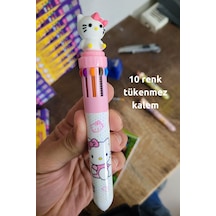 Hediyelik Pembe Hello Kity Kalem, 10 Renk Tükenmez Kalem, Tatlı Tatlış İlkokul Ortaokul Çocuk Hediye Pembe