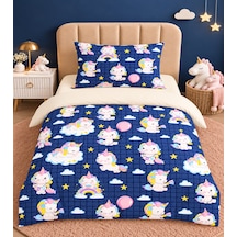 More Home Bebek Nevresim Takımı Unicorn Desen Mavi Bej Koyu Mavi