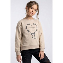 Breeze Kız Çocuk Sweatshirt Simli Kurdeleli Kalp Baskılı 9-14 Yaş, Bej Bej