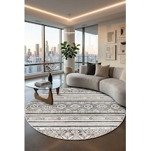 Etnik Kilim Desenli Pamuk Taban Yıkanabilir Baskılı Dekoratif Yuvarlak Halı Gri
