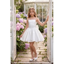 Butik Happy Kids Kız Çocuk Abiye Beyaz Monoray Parlak Kumaş Taş Askılı Fiyonklu Kalarık Prenses Abiye Elbise 9-12 Yaş Mezuniyet Düğün Davet Elbisesi