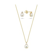 8,5 Mm Doğal İnci 0,21 Karat Pırlantalı Küpe Kolye İkili Set 40 Cm / Sarı Gümüş