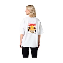 Paybuy Kadın Oversize Baskılı Tişört California Beach Sunset Palmiye Des Beyaz