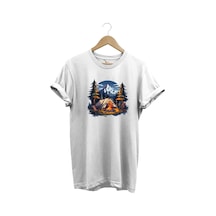 Yazlık Kamp Doğa Çadır Ve Dağ Baskılı %100 Pamuk Regular Fit Bisiklet Yaka T-shirt Beyaz