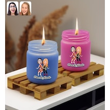 Bk Gift Kişiye Özel Dtf Karikatürlü 2 Li Mavi Ve Pembe Renkli Cam Kavanozda Kokulu Mum-2, Arkadaşa Hediye, Sevgiliye Hediye