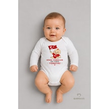 Babyden's %100 Pamuk Milli Takım Taraftar Bebek Body Yenidoğan Çıtçıtlı Unisex Uzun Kol Badi Türk Bayraklı Zıbın Beyaz