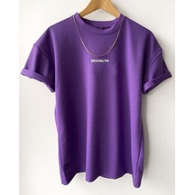 Brooklyn Minimal Yazı T-shirt - Mor Baskılı Oversize Bisiklet Yaka Kısa Kol Mor