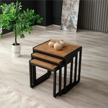 Doğal Ahşap Masif Panel Üçlü Zigon Sehpa Siyah