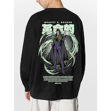 Unisex Siyah Dragon Baskılı Hoodie Oversize Kapşonsuz Sweatshirt Siyah