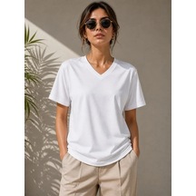 Modi Green New V Yaka Basic Tişört Kısa Kol Yazlık Regular Fit T-shirt - Beyaz
