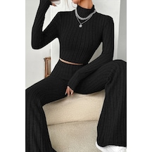 Angbutik Kadın Siyah Boğazlı Crop Top Ve Yüksek Bel Eşofman Takımı Spor Şık Kombin