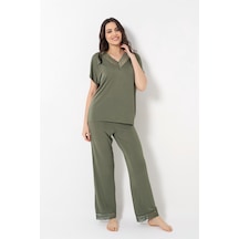 Monamise Kısa Kollu V Yakalı Dantelli Pijama Takımı Haki