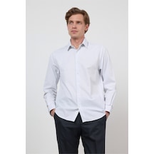 İmza Beyaz - Mavi Sert Yaka Uzun Kol Cepsiz Slim Fit Pamuklu Gömlek 1004260210
