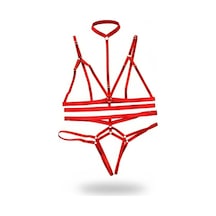 İkikareshop Kırmızı Harness Takım Boyun Bağlı Halka Detaylı Vücut Kafesi - Brf144 Çok Renkli