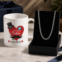Bk Gift Kişiye Özel Babalar Günü Tasarımlı Beyaz Kupa & Rolo Zincir Kolye -1, Babalar Günü Hediyesi Gümüş