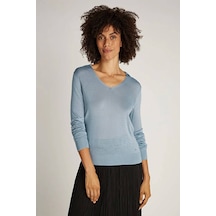 Calvin Klein V Yaka Standart Düz Mavi Kazak Kadın K20k208029caz Mavi