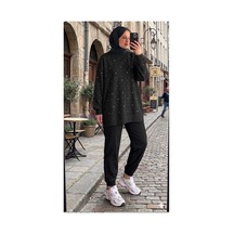 Butik Kadın Taş İşlemeli Gunlük Tesettür Sweatshirt Tunik Siyah Tesettür Sweatshirt Siyah Tesettür Sweatshirt