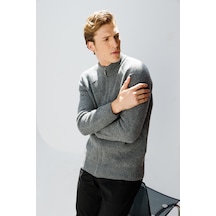 Erkek Dik Yaka Baklava Desenli Yün Ceket Füme Füme