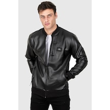 Rizzup Erkek Siyah Dar Kesim Suni Deri Spor Ceket Mont Kolej Yaka Astarsız Model 230206
