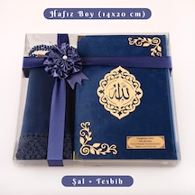 Şal + Tesbih + Kuran Hediye Seti Hafız Boy, Kadife, Şems Lafzatullah, Lacivert
