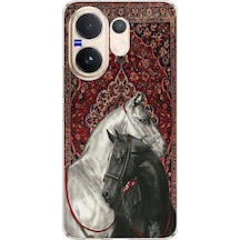 Vivo V60 Uyumlu Geleneksel Halı Motifli Siyah Beyaz At Baskılı Silikon Kılıf Renkli