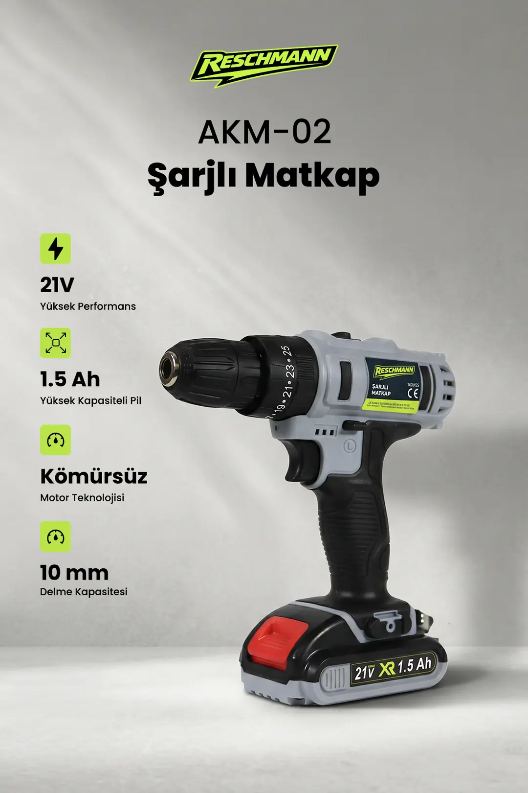 Reschmann R-AKM-02 21V - 1.5AH Brushless Profesyonel Şarjlı Matkap