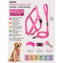Köpek Göğüs Tasması Ve Sevk Kayışı Seti 45-55 Cm İçi Pedli 70 Cm Kayış - Pembe Çok Renkli