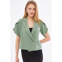 Armonika Kadın Yeşil Kolu Yırtmaç Detaylı Crop Kısa Kol Ceket Arm-24y001048
