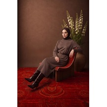 Armine Trend Yaprak Desenli Bisiklet Yaka Uzun Kollu Fitilli Detaylı Tunik Mocha 26ktd408