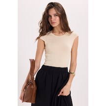 Tudors Kadın Slim Fit Dar Kesim Pamuklu Likralı Bisiklet Yaka Ay Kol Sarı Tişört-51122
