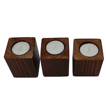 Doğal Ahşap Dekoratif Küp Mumluk 6 X 6 Cm 3 Lü Set Mum Dahil