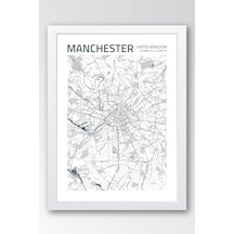 Manchester İngiltere Haritası Çerçeveli Tablo Lüks Salon Ofis Duvar Dekorasyonu Hediyelik Tablo Beyaz