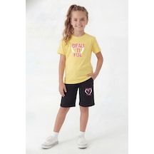 Panios Kids Yuvarlak Yaka Tişörtlü Kaprili Baskı Detaylı Kız Çocuk Alt Üst Takım Sarı
