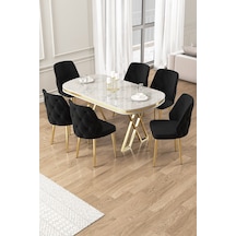 Canisa Afe Serisi 90x168 Lak Panel Beyaz Mermer Desen Gold Ayak Masa Takımı 6 Siyah Sandalye Beyaz Mermer Desen Masa Sandalyeler Siyah