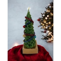 Dekoratif Noel Ağacı Mumu, El Yapımı Yeşil Balmumu, Tinsel Ve Süslemeli, Yılbaşı Temalı, 15 Cm 50 x 22