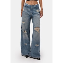 Kadın Kot Rengi 12s6-32 Straight Fit Yırtık Detaylı Tasarım Denim Jean Mavi