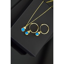 Papatya Silver 925 Ayar Gümüş Gold Kaplama Mavi Opal Yuvarlak Kolye ve Çift Halka Küpe