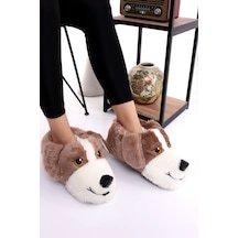 Wordex Hayvanlı H10 Köpekli Kışlık Kadın Erkek Çocuk Panduf Ev Içi Sessiz Taban Panduf Kahverengi