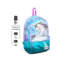 Adalinhome Derin Unicornlu Iki Bölmeli Usb Şarjlı Kulaklık Çıkışlı Sırt Çantası Mavi Çok Renkli