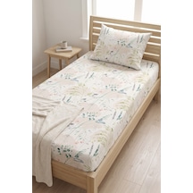Makiteks %100 Pamuklu Çiçekli 120x200 Tek Kişilik Lastikli Çarşaf Bohem Tarz Doğal Bitki Desenli Krem