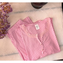 Büyük Beden Battal Pijama Takımı Desenli Uzun Kol V Yaka Kışlık Kumaş Pembe