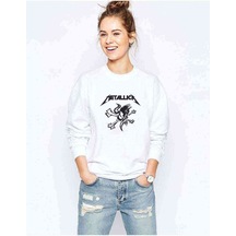 Metallica Skull Baskılı Beyaz Kadın Sweatshirt
