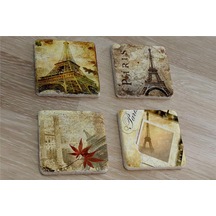 Kolaj Eyfel Ve Paris Doğal Taş Bardak Altlığı 4'lü Set - Natural Stone Coasters - Taş Çok Renkli